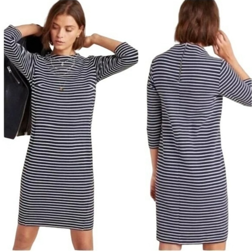 Anthropologie Seen Worn Kept Mockneck Dress Navy Stripe Size 10